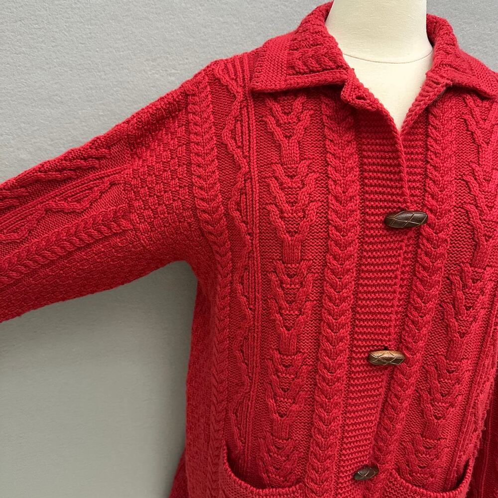 Aran Crafts Ireland Red Wool Fisherman Cardigan Long Sweater Toggle Front Medium - Picture 6 of 14